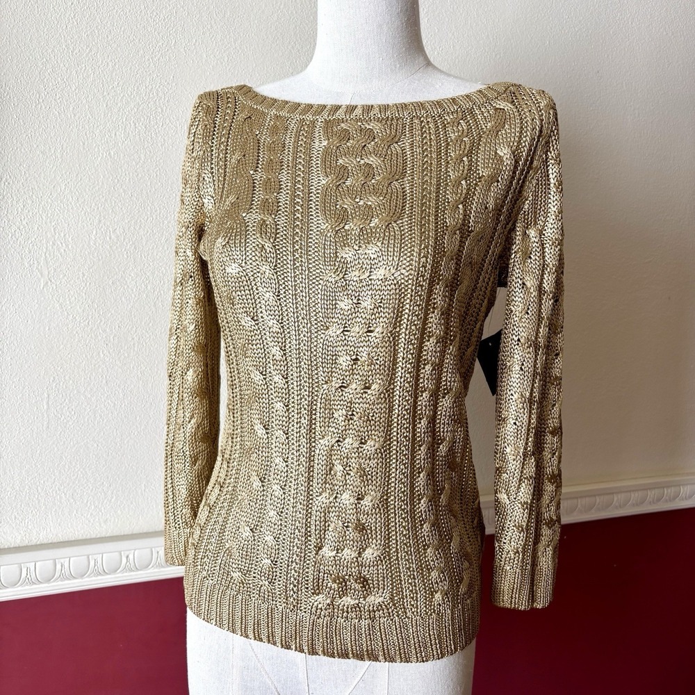 Lauren Ralph Lauren Metallic Gold Cable Knit Scoop Neck Sweater